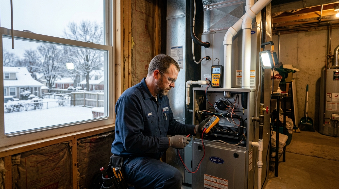 HVAC technician servicing home furnace in Jackson, TN