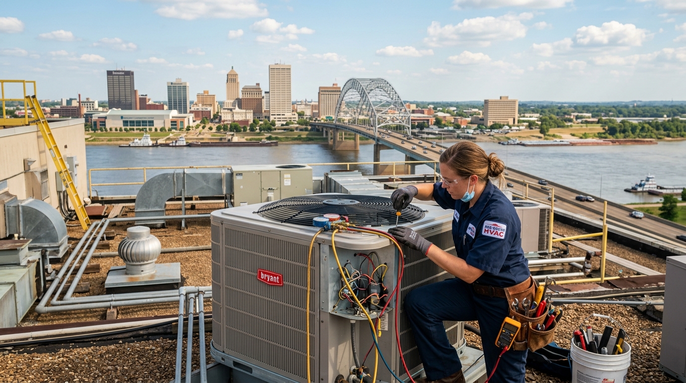 HVAC technician repairing AC unit in Memphis, TN
