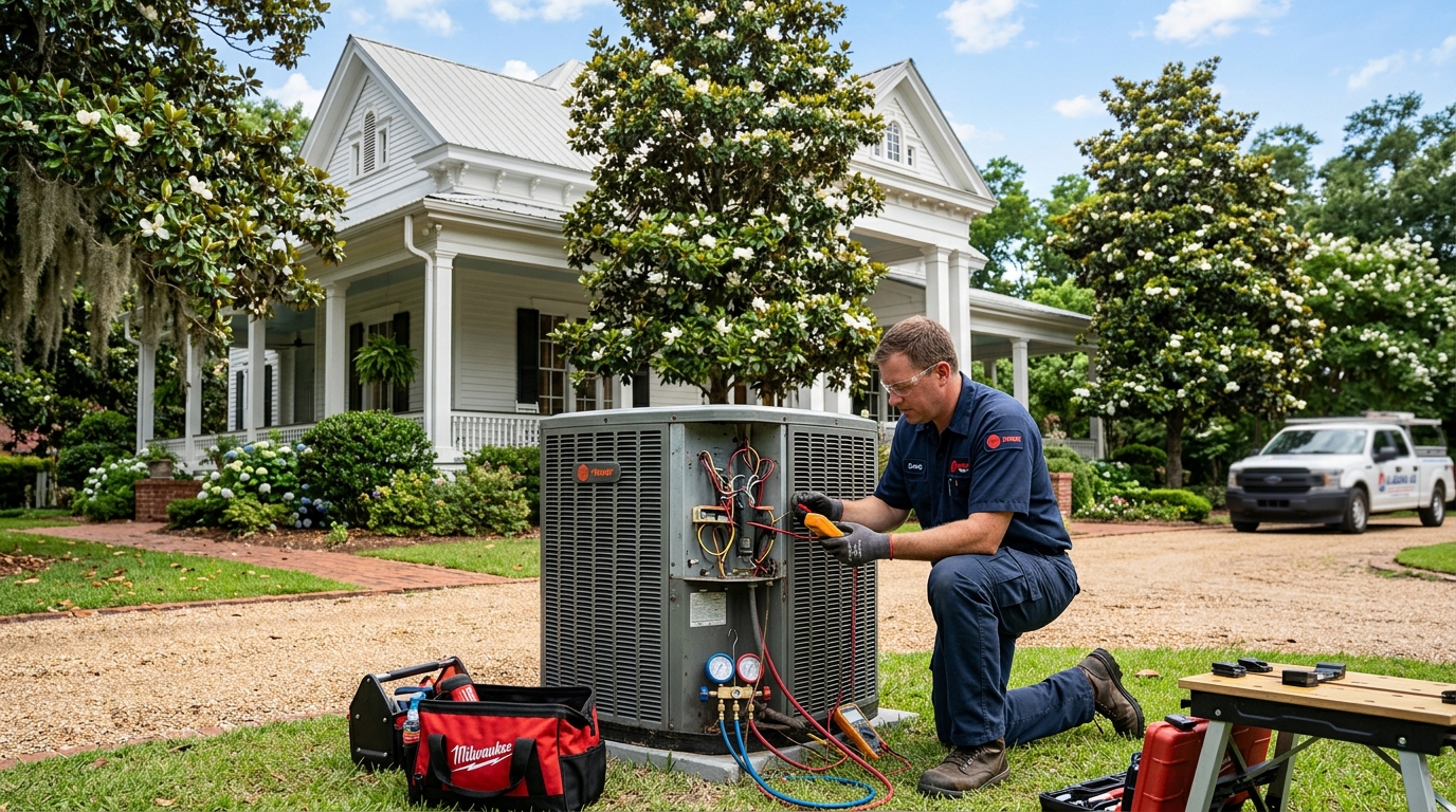 HVAC technician repairing central air unit in Montgomery, AL